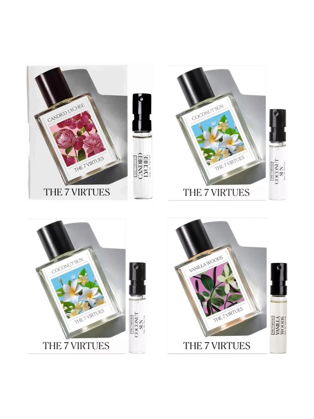 THE 7 VIRTUES Coconut Sun, Vanilla Woods & Candied Lychee Sample Set - 1.7ml ea.